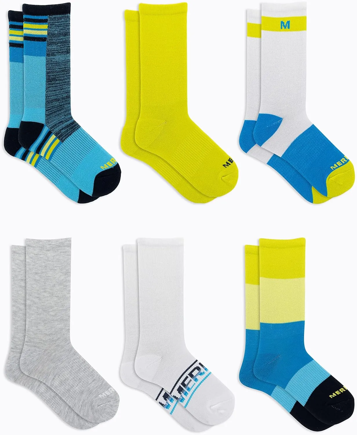 Merrell Kids' Everyday Half Cushion Crew Socks - 6 Pair Pack - Reinforced Heel and Toe