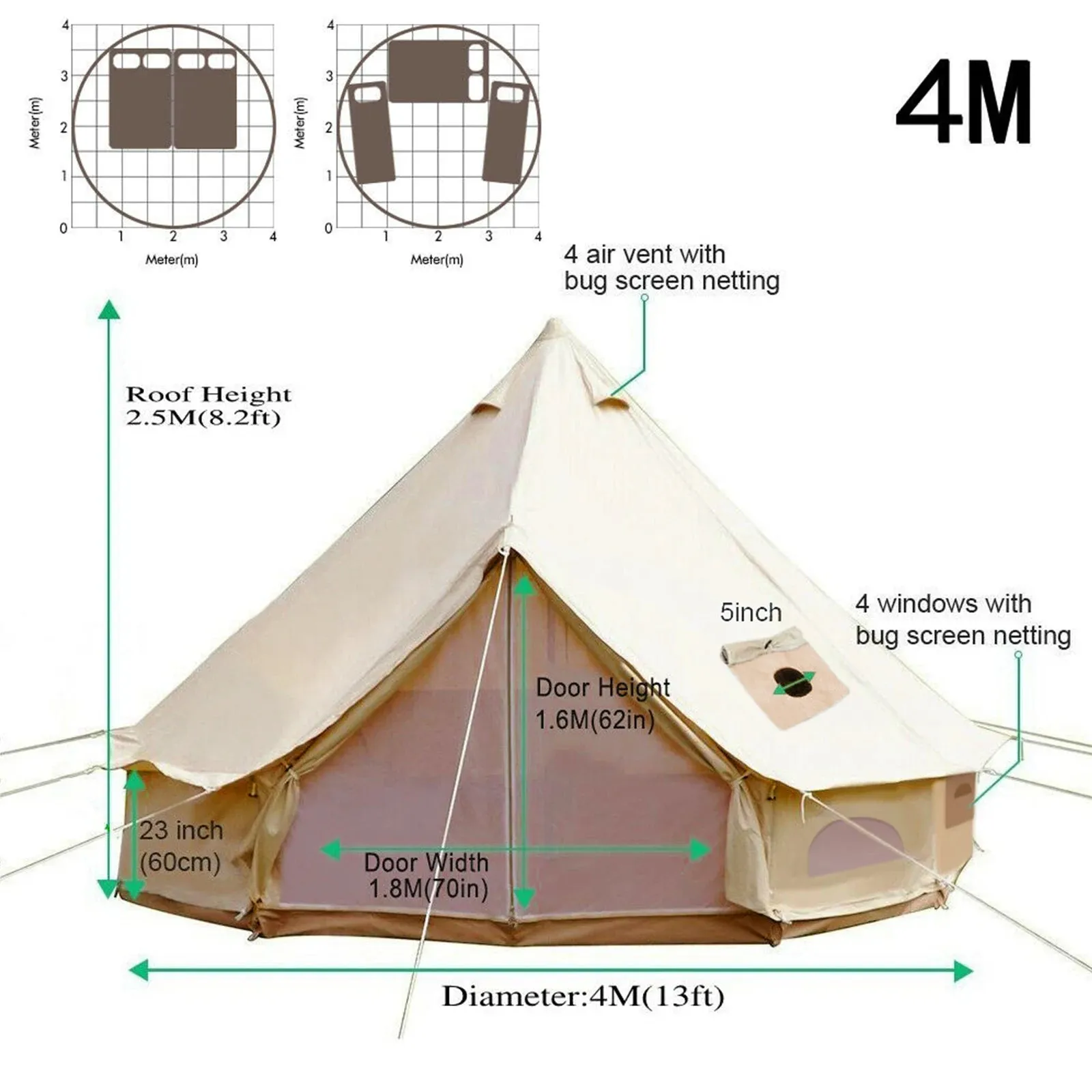 Outdoor Cotton Canvas Bell Tent with Stove Jack - 4-12 Person Family Camping Yurt