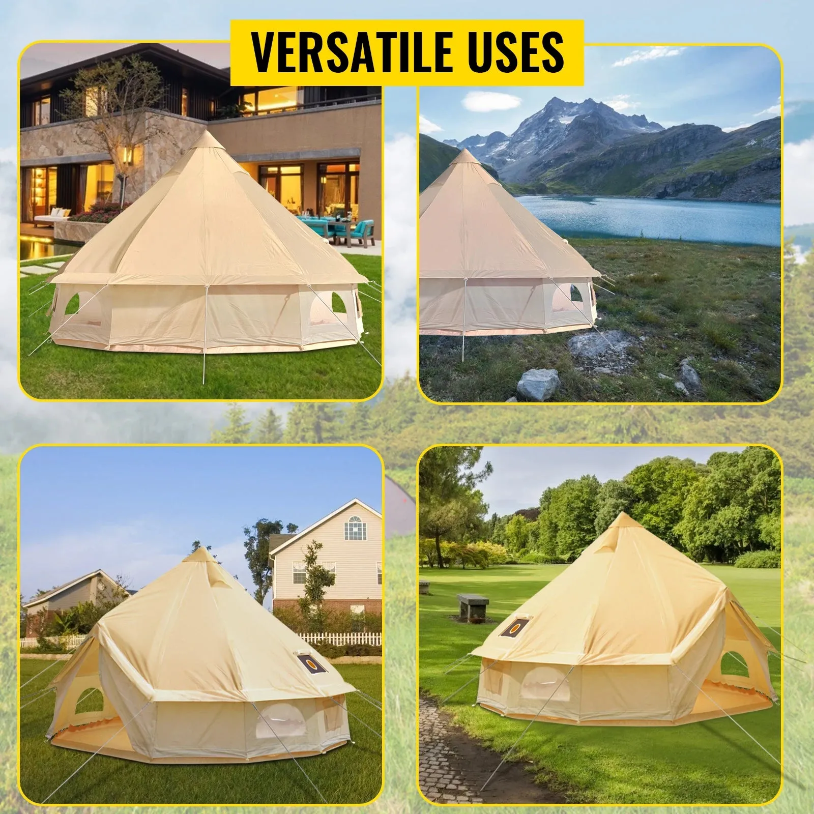 Outdoor Cotton Canvas Bell Tent with Stove Jack - 4-12 Person Family Camping Yurt