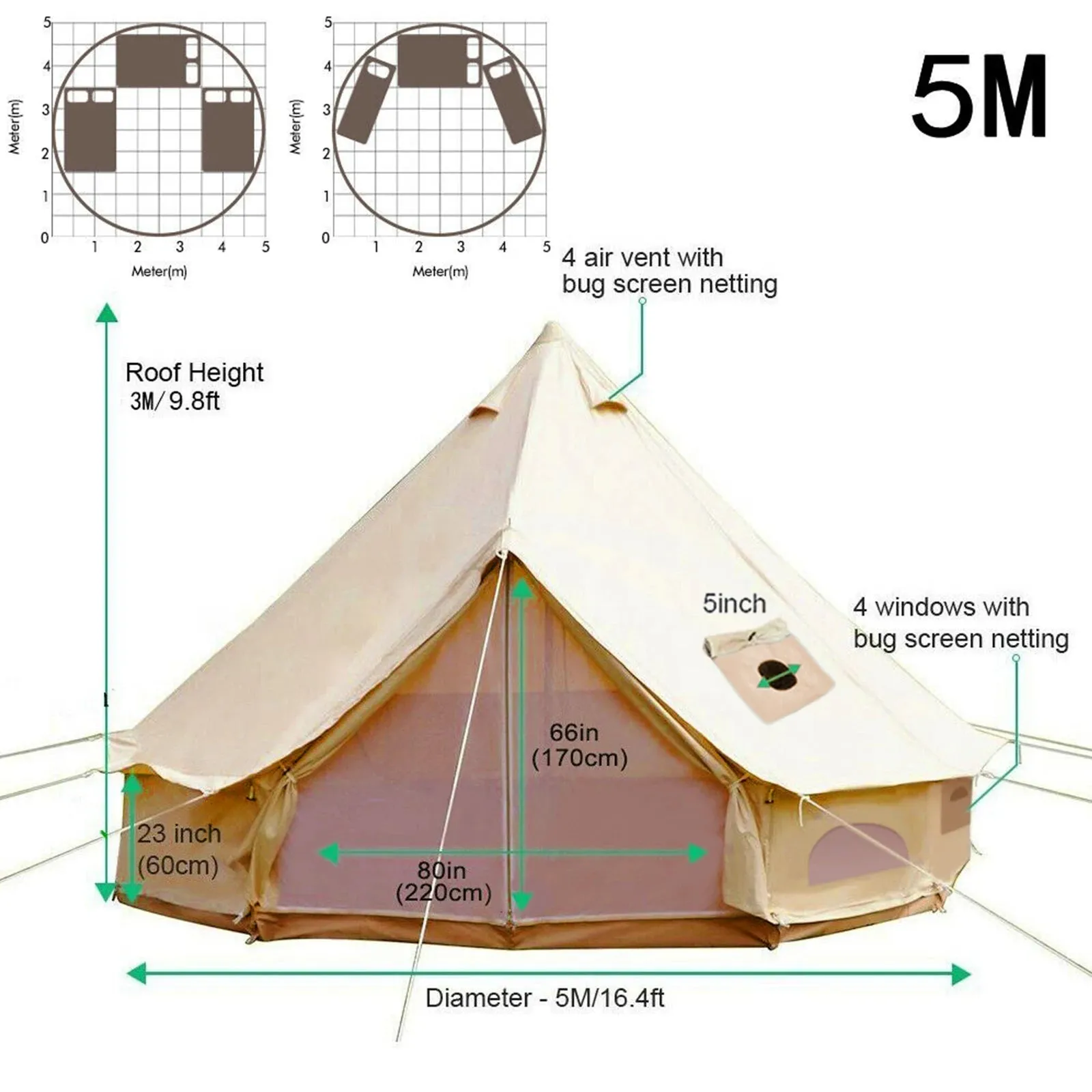 Outdoor Cotton Canvas Bell Tent with Stove Jack - 4-12 Person Family Camping Yurt