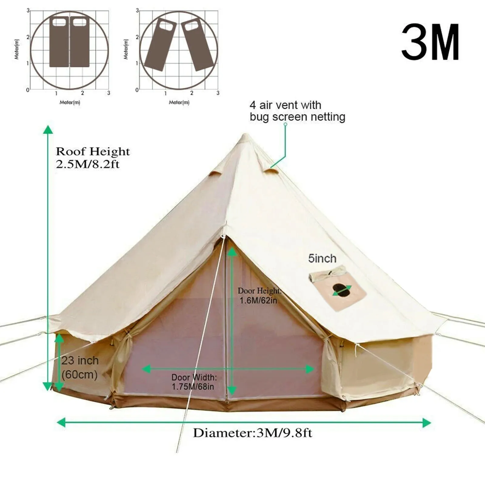 Outdoor Cotton Canvas Bell Tent with Stove Jack - 4-12 Person Family Camping Yurt