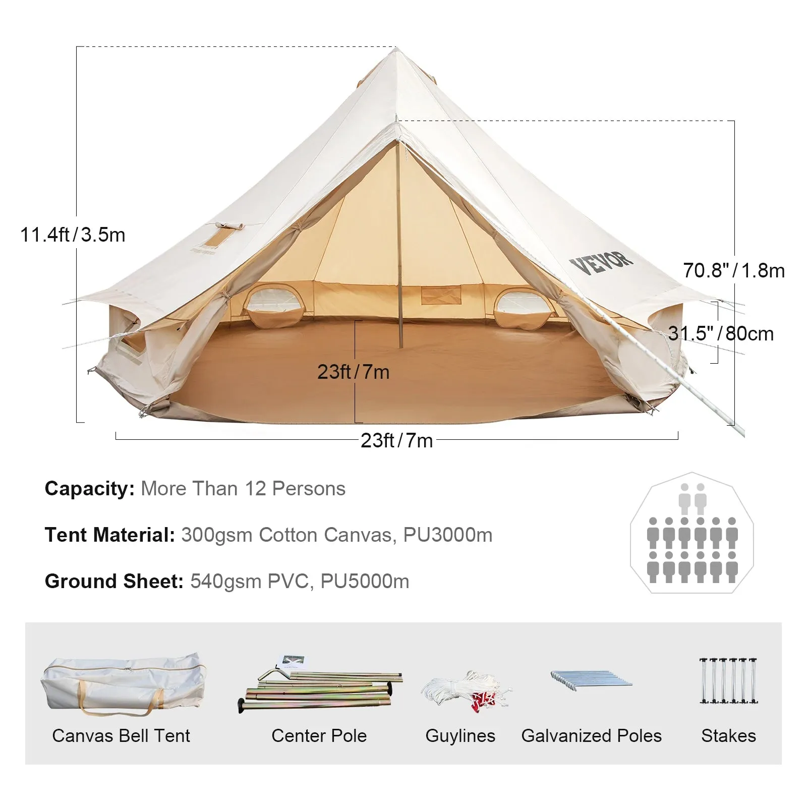 Outdoor Cotton Canvas Bell Tent with Stove Jack - 4-12 Person Family Camping Yurt