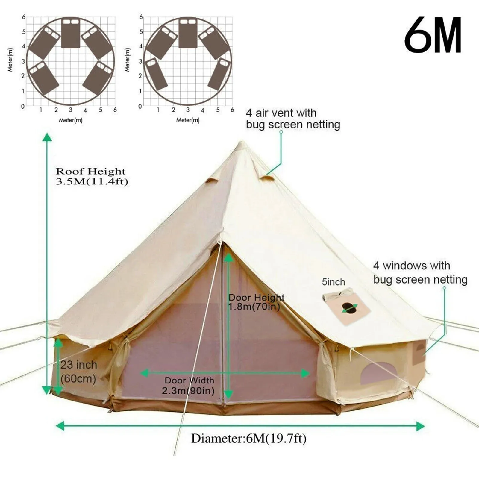 Outdoor Cotton Canvas Bell Tent with Stove Jack - 4-12 Person Family Camping Yurt