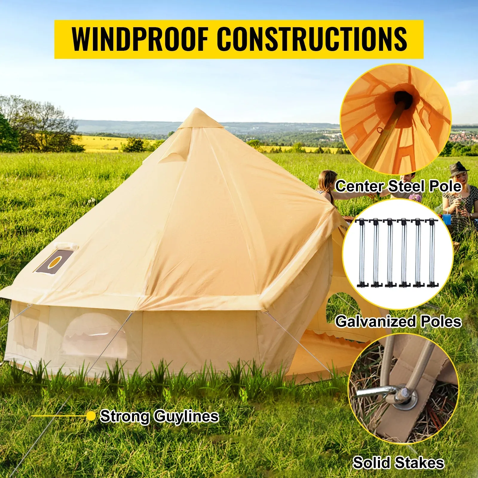 Outdoor Cotton Canvas Bell Tent with Stove Jack - 4-12 Person Family Camping Yurt