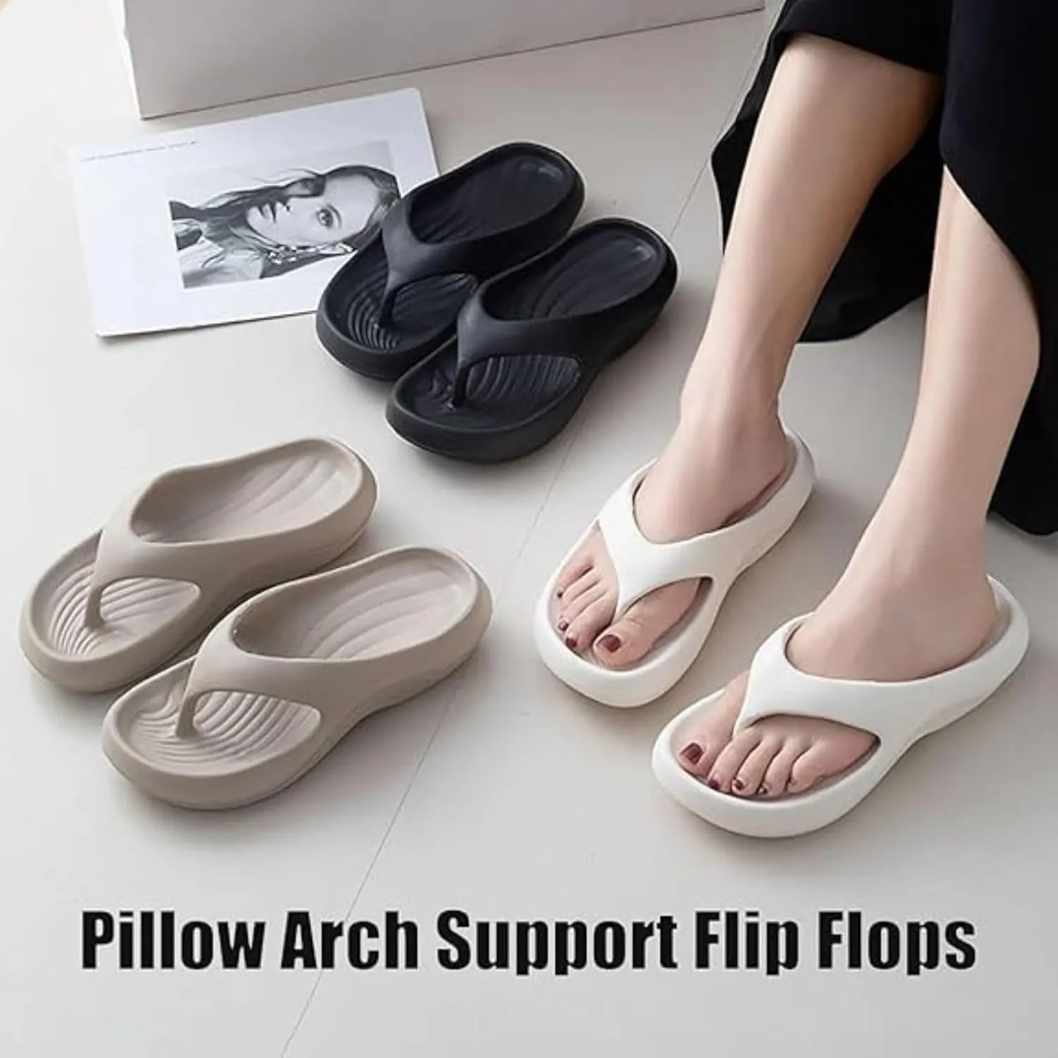Pillow Arch Support Flip Flops, Sandals for Women,Lightweight Cushioned Shock-Absorbing Flip Flops with Arch Support,Summer Beach Shoes, Non-Slip Walking Sandals