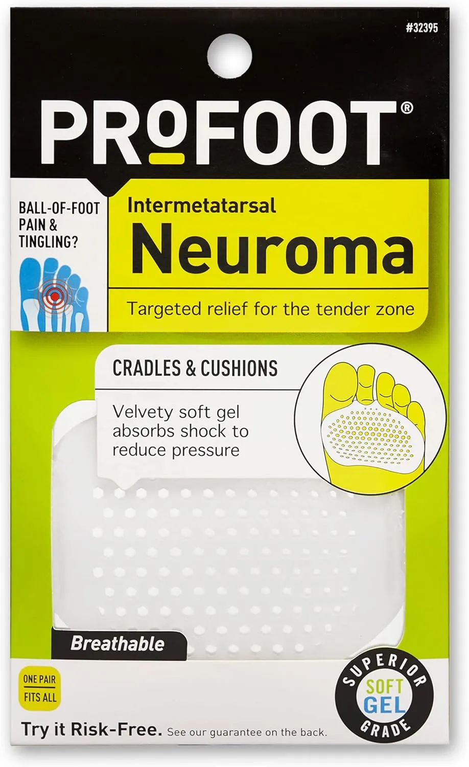 PROFOOT Inter-Metatarsal Pads, Neuroma Ball of Foot Cushions for Women & Men for Foot Pain Relief, Helps Reduce Tingling & Burning, Shock-Absorbing, Velvety Soft & Breathable, 1 Pair