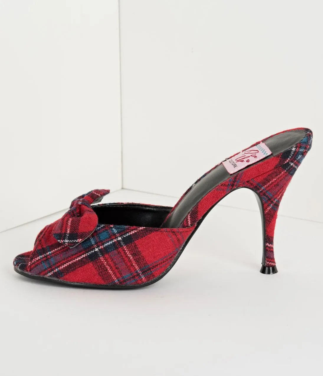 Retro Style Red Plaid Fabric Peep Toe Bow Heels