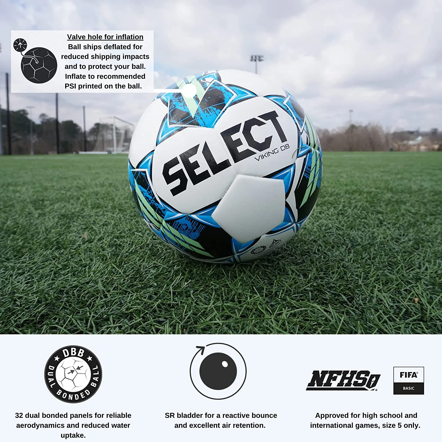 Select Viking DB V22 Soccer Ball White/Blue/Green Size 5 NFHS,NCAA,IMS Approved