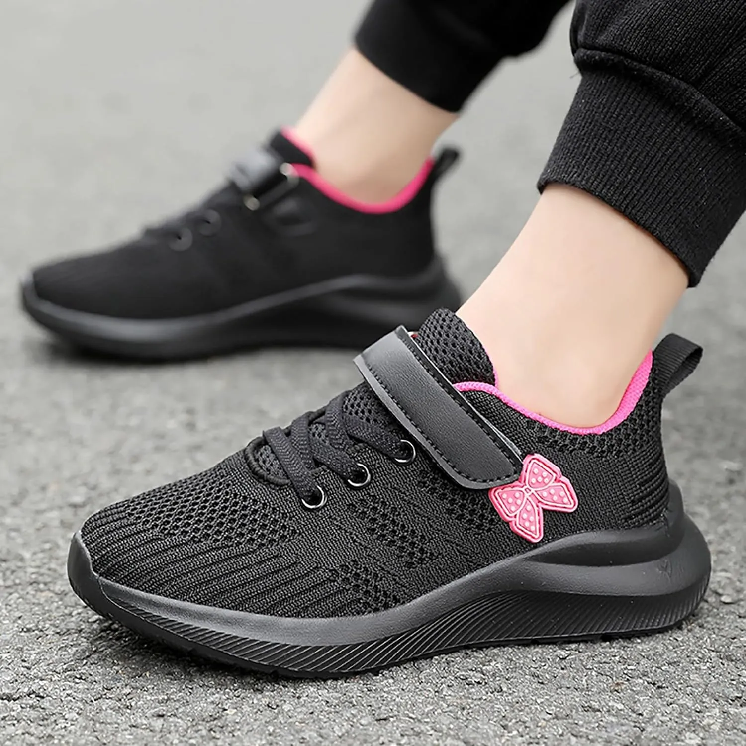 Sneakers for Girls Breathable Knit Mesh Running Shoes with Hook and Loop Kids Sports Lightweight Casual Walking Sneakers