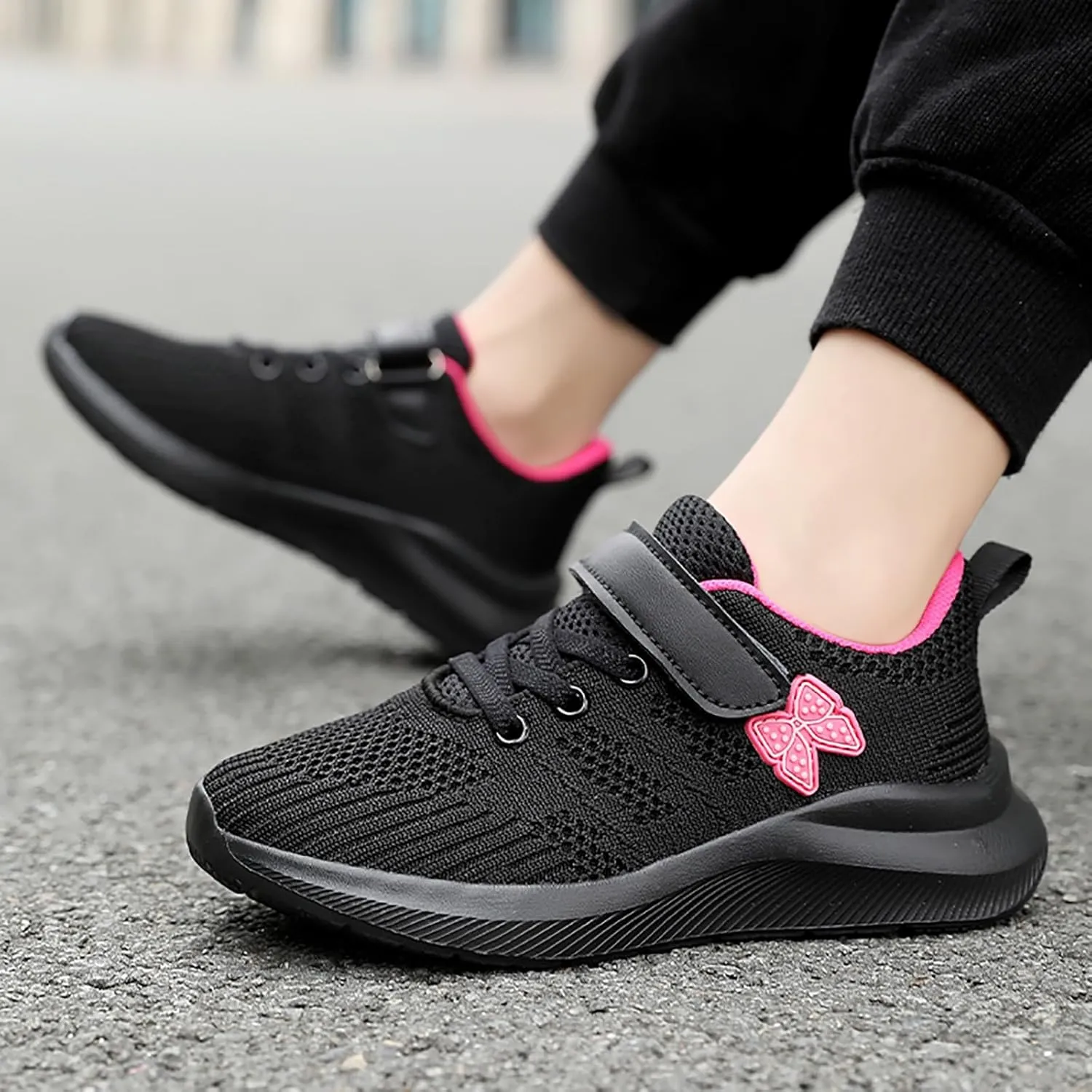Sneakers for Girls Breathable Knit Mesh Running Shoes with Hook and Loop Kids Sports Lightweight Casual Walking Sneakers