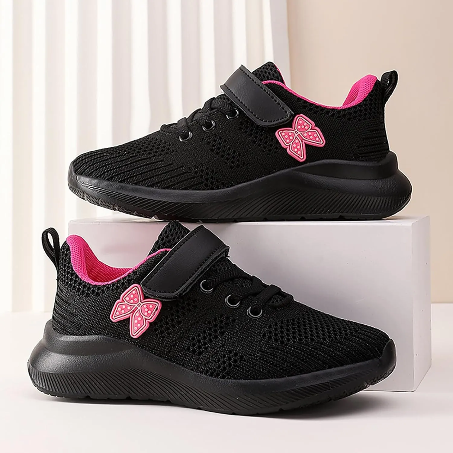 Sneakers for Girls Breathable Knit Mesh Running Shoes with Hook and Loop Kids Sports Lightweight Casual Walking Sneakers