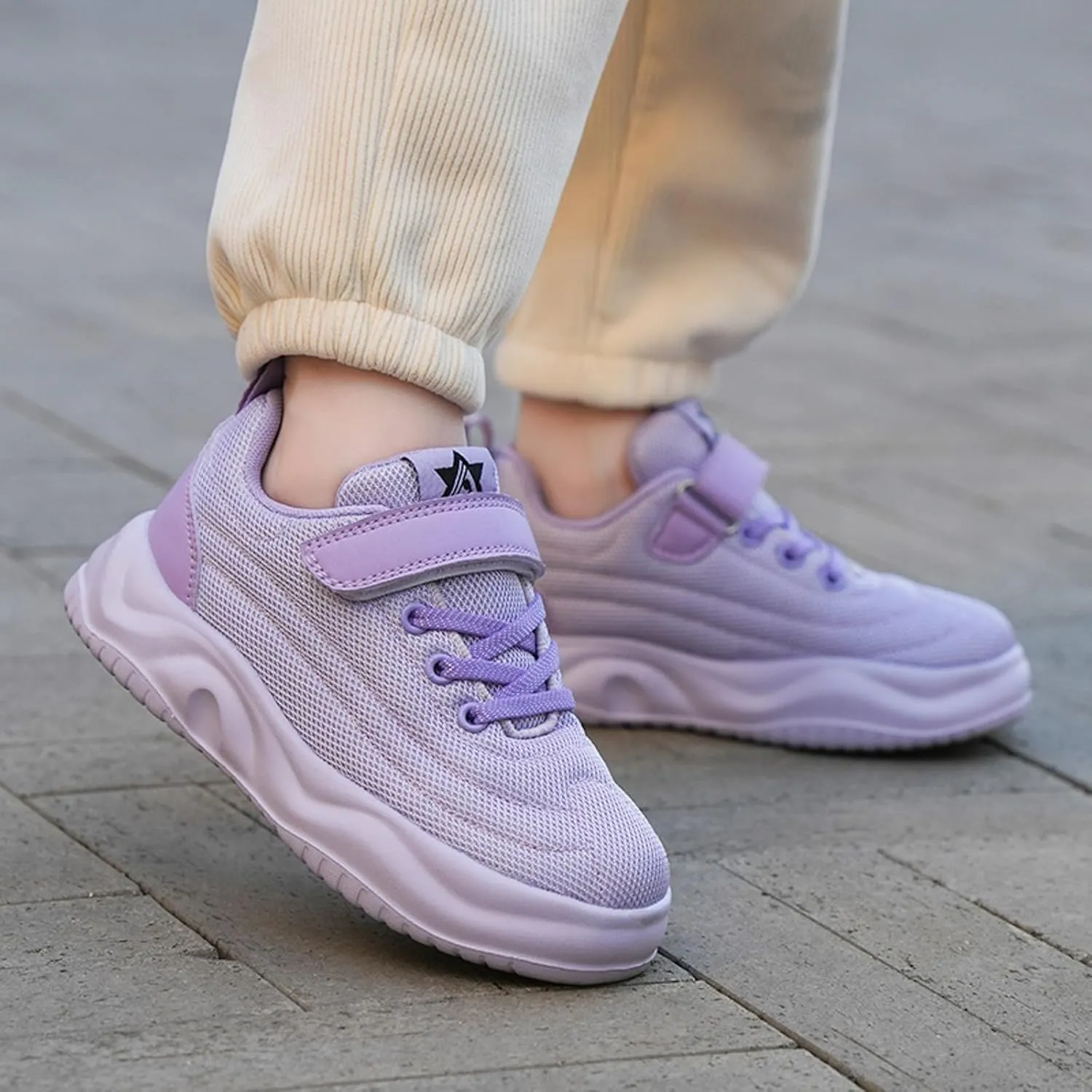Sneakers for Girls Hook and Loop Lightweight Running Shoes Lace up Breathable Mesh Thick Sole Comfortable Sports Sneakers