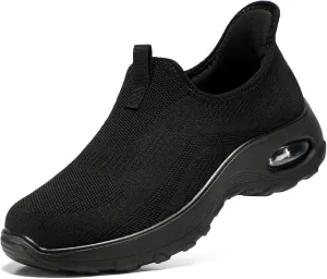 STQ Walking Shoes Women Slip On Sneakers Air Cushion Comfortable Breathable Lightweight Mesh Shoes Shock Absorbing Design Ideal for Plantar Fasciitis All Day Standing All Black 6.5 US
