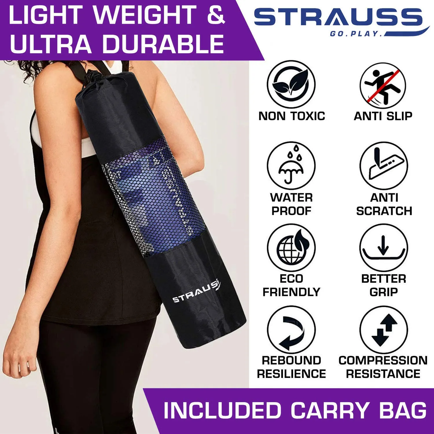 Strauss Yoga Mat 6mm Blue (Yogasana), Yoga Block (Navy Blue) Pair and Yoga Belt (Blue)