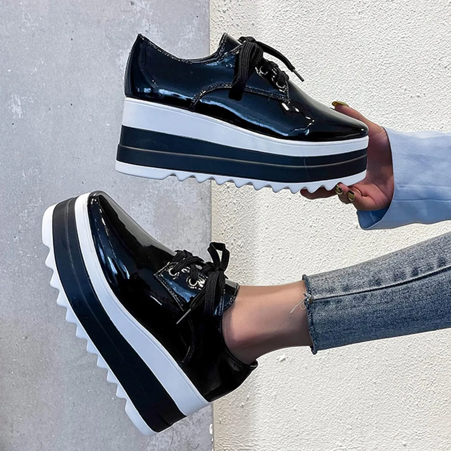 Toe Fashion Color Leather Shoes Women's Bright Solid Strap Casual Platform Shoes Womens Fashion Sneakers