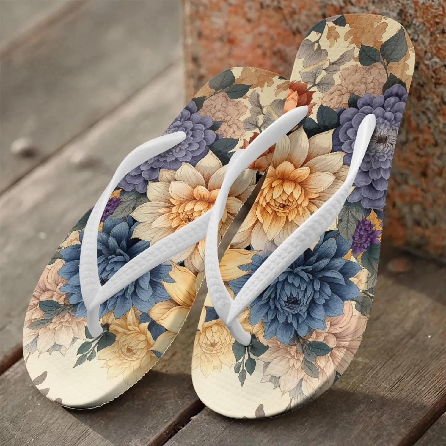Tropical Flower Print Sandals Women Butterfly Summer Lightweight Flip Flops Shock-Absorbing for Walking All-Day Comfort
