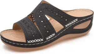 URLECHS Women's Floral Embroidered Platform Wedge Sandals,Open Toe Cutout Comfort Leather Orthopedic Slides with Arch Support,Soft Footbed Shock Absorbing Breathable Slip On Walking Sandals