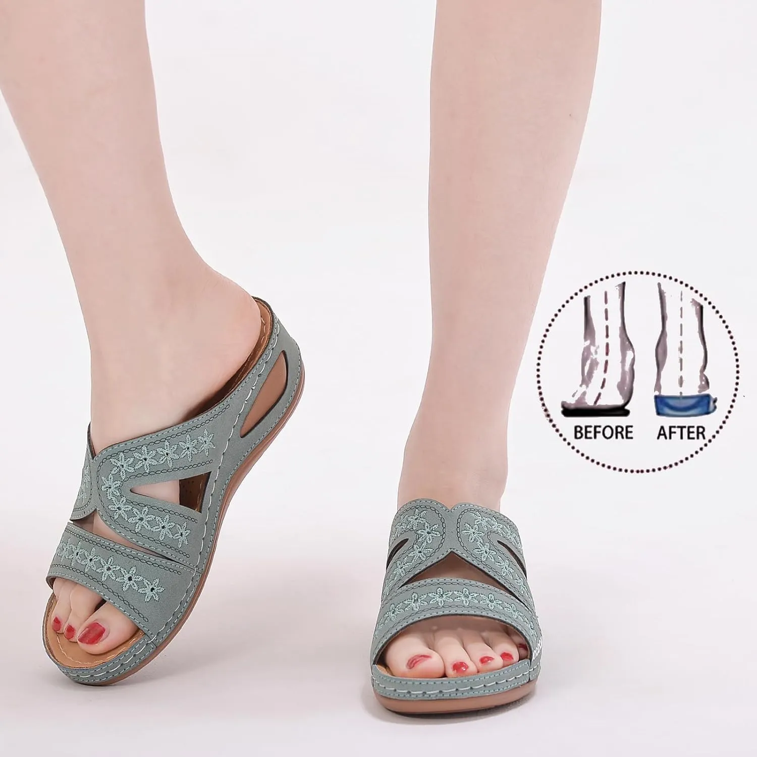 URLECHS Women's Floral Embroidered Platform Wedge Sandals,Open Toe Cutout Comfort Leather Orthopedic Slides with Arch Support,Soft Footbed Shock Absorbing Breathable Slip On Walking Sandals