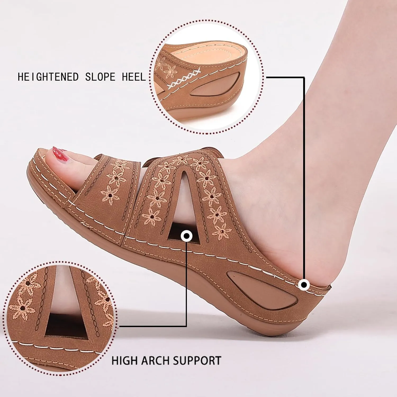 URLECHS Women's Floral Embroidered Platform Wedge Sandals,Open Toe Cutout Comfort Leather Orthopedic Slides with Arch Support,Soft Footbed Shock Absorbing Breathable Slip On Walking Sandals