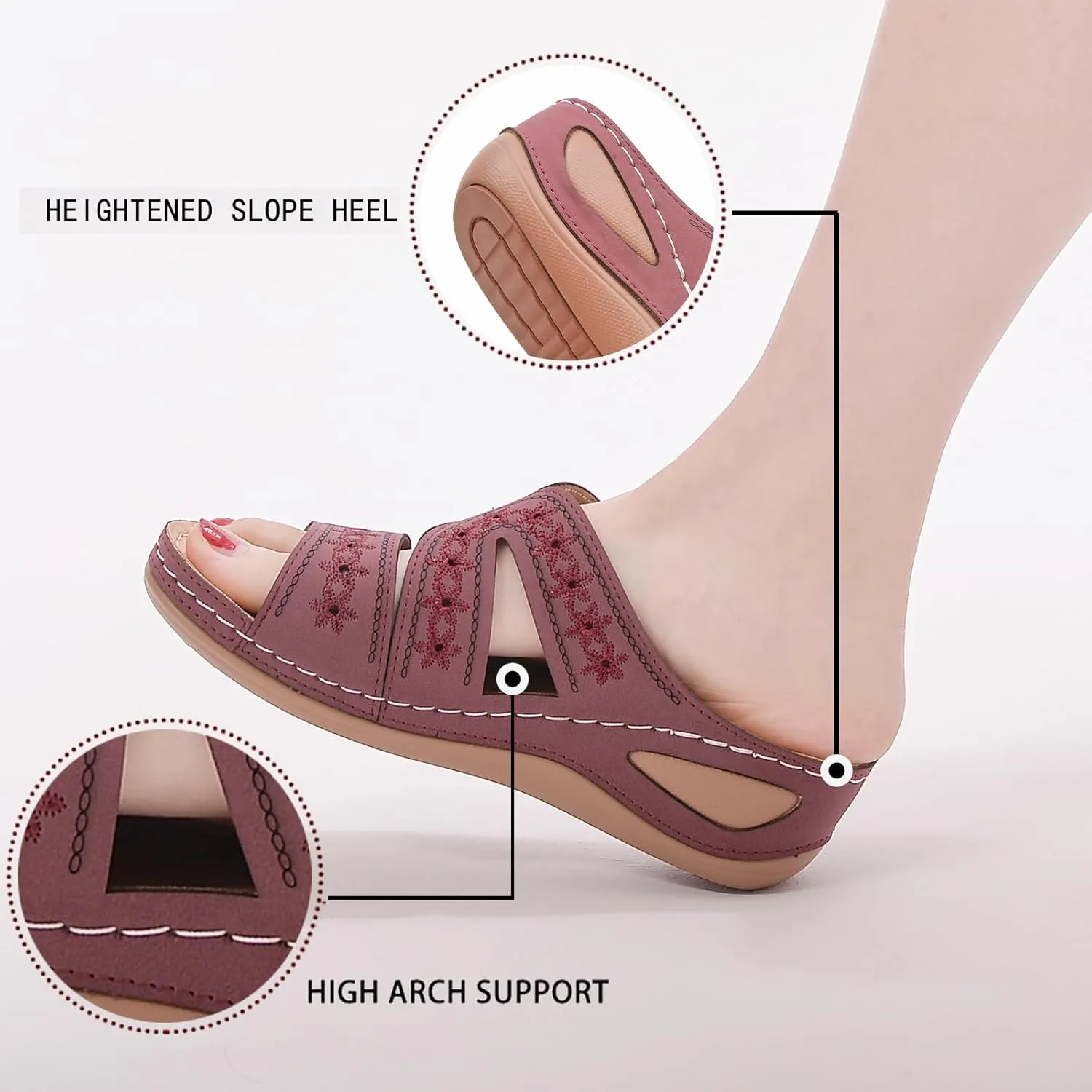 URLECHS Women's Floral Embroidered Platform Wedge Sandals,Open Toe Cutout Comfort Leather Orthopedic Slides with Arch Support,Soft Footbed Shock Absorbing Breathable Slip On Walking Sandals