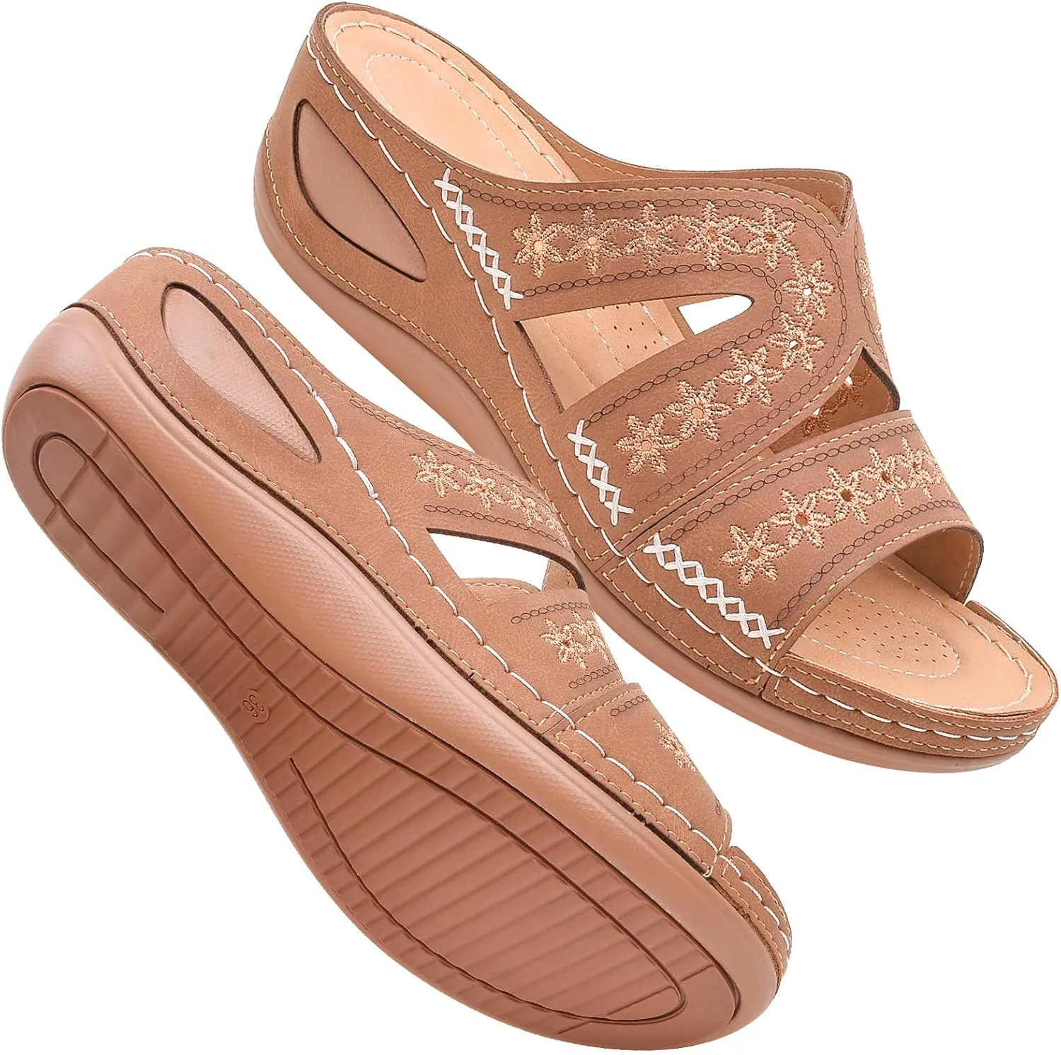 URLECHS Women's Floral Embroidered Platform Wedge Sandals,Open Toe Cutout Comfort Leather Orthopedic Slides with Arch Support,Soft Footbed Shock Absorbing Breathable Slip On Walking Sandals