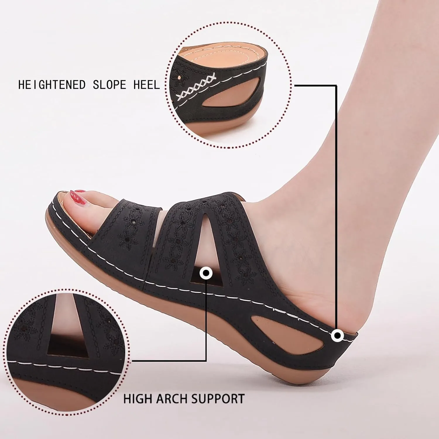 URLECHS Women's Floral Embroidered Platform Wedge Sandals,Open Toe Cutout Comfort Leather Orthopedic Slides with Arch Support,Soft Footbed Shock Absorbing Breathable Slip On Walking Sandals