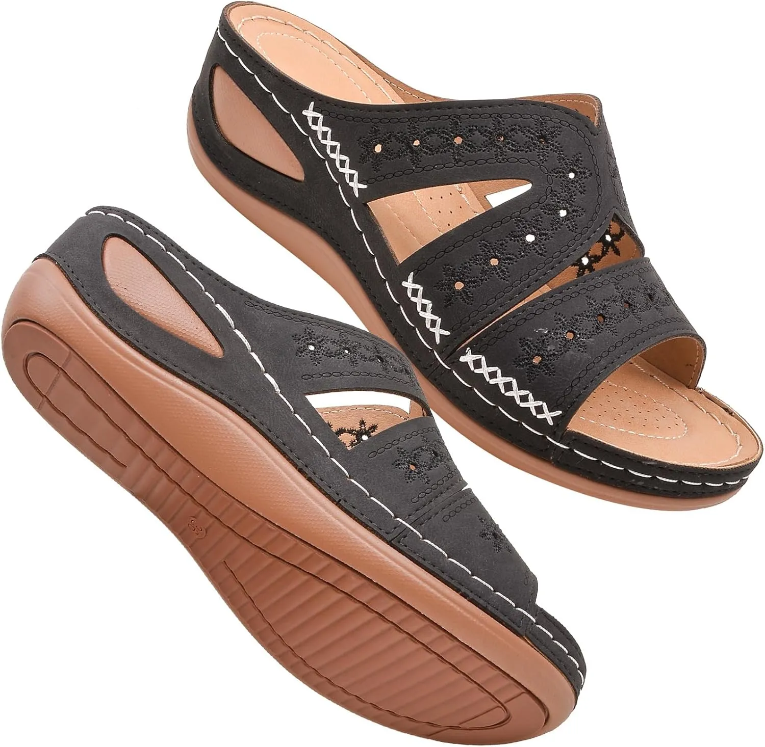 URLECHS Women's Floral Embroidered Platform Wedge Sandals,Open Toe Cutout Comfort Leather Orthopedic Slides with Arch Support,Soft Footbed Shock Absorbing Breathable Slip On Walking Sandals