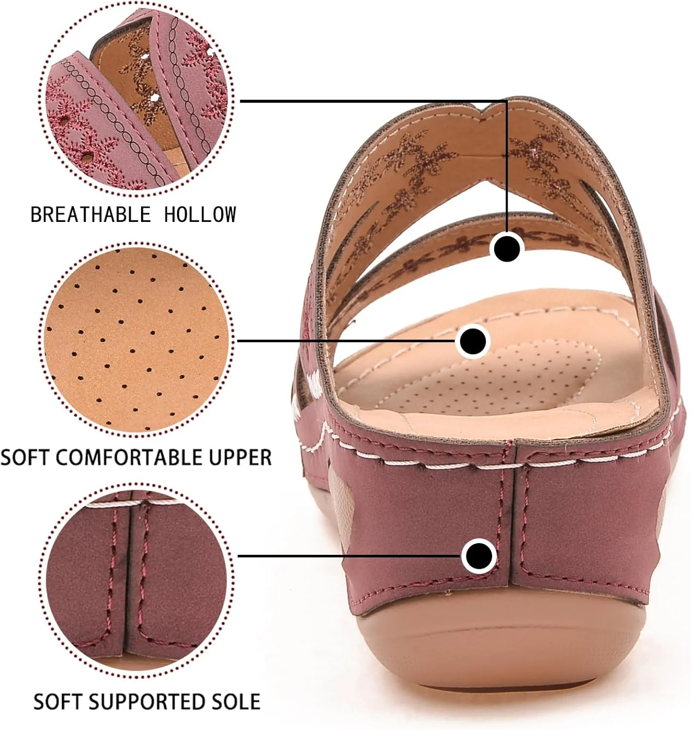 URLECHS Women's Floral Embroidered Platform Wedge Sandals,Open Toe Cutout Comfort Leather Orthopedic Slides with Arch Support,Soft Footbed Shock Absorbing Breathable Slip On Walking Sandals