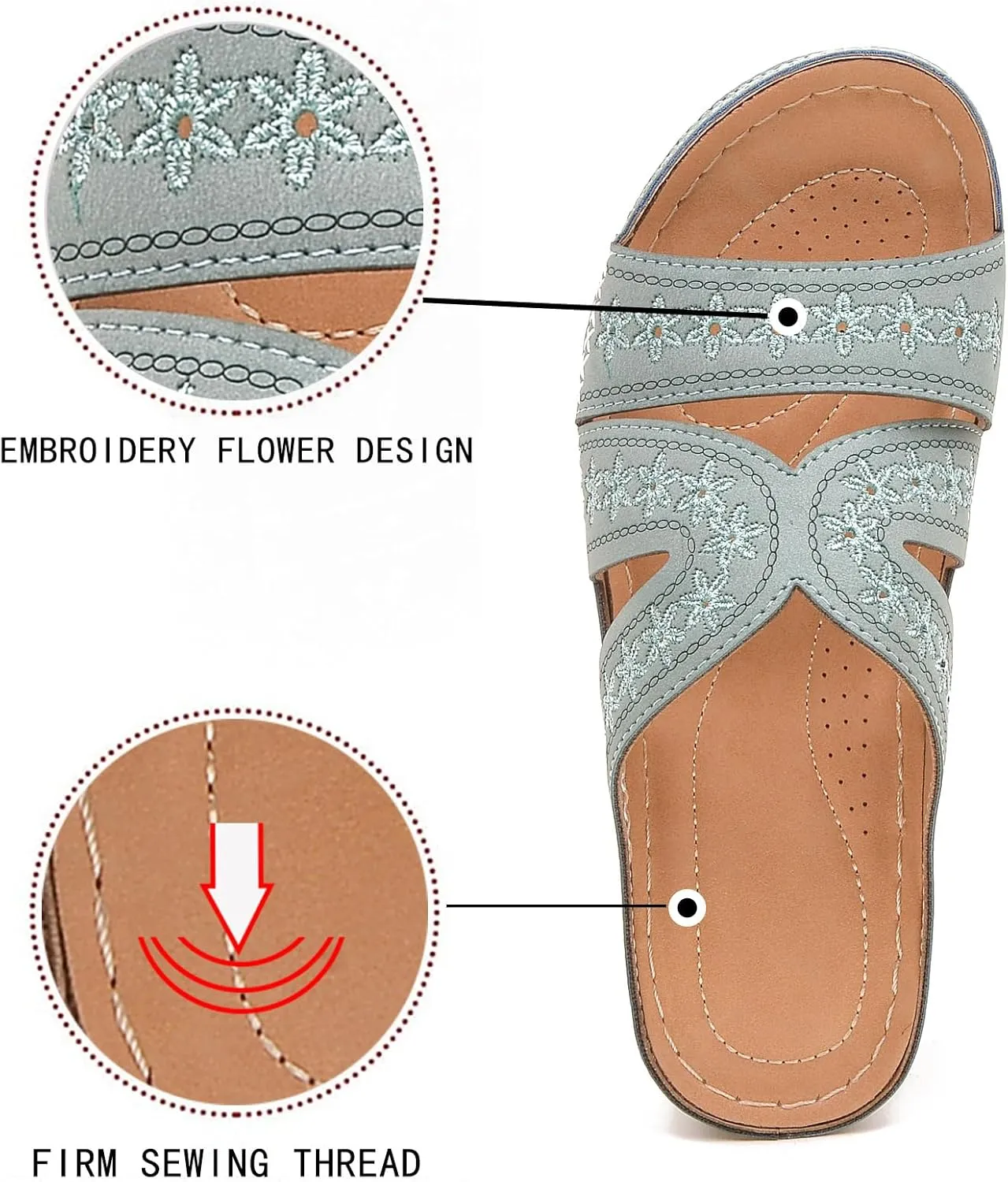 URLECHS Women's Floral Embroidered Platform Wedge Sandals,Open Toe Cutout Comfort Leather Orthopedic Slides with Arch Support,Soft Footbed Shock Absorbing Breathable Slip On Walking Sandals
