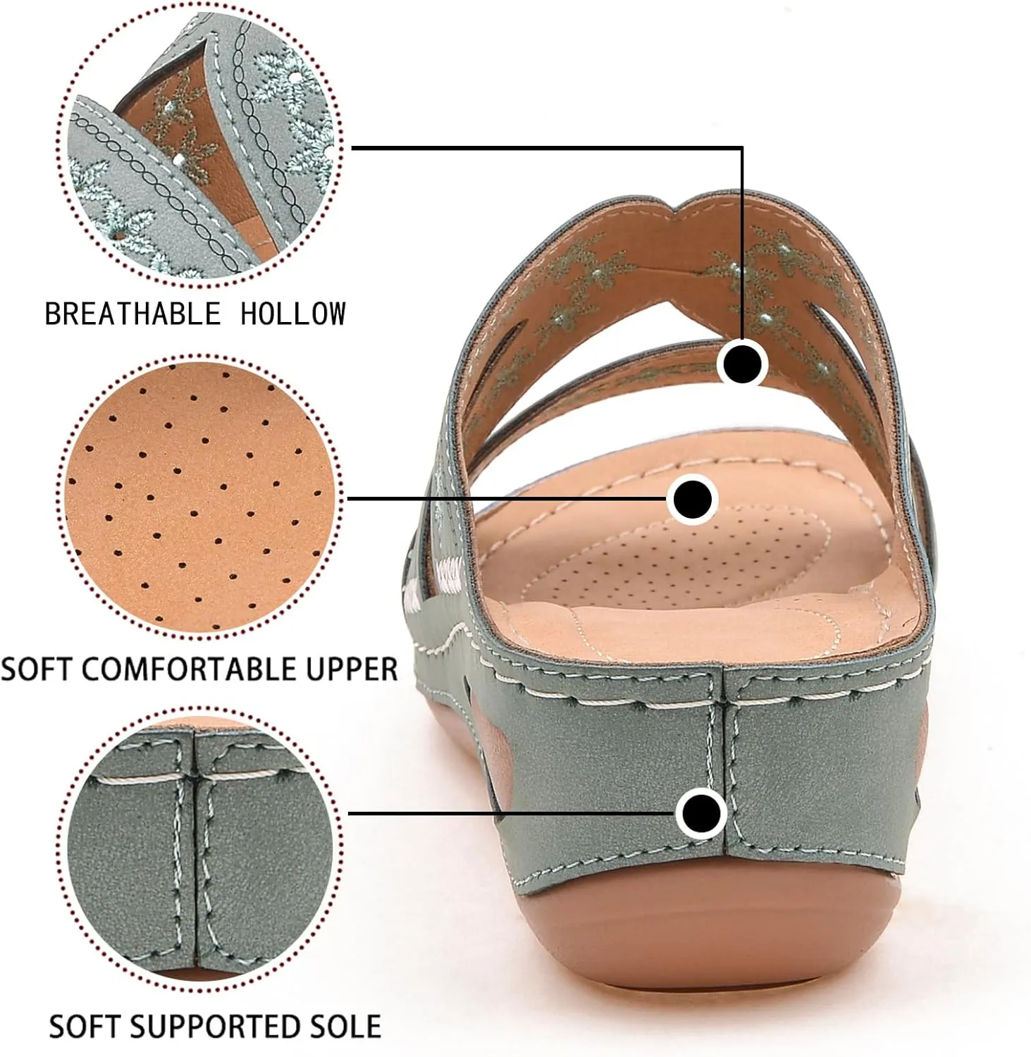 URLECHS Women's Floral Embroidered Platform Wedge Sandals,Open Toe Cutout Comfort Leather Orthopedic Slides with Arch Support,Soft Footbed Shock Absorbing Breathable Slip On Walking Sandals