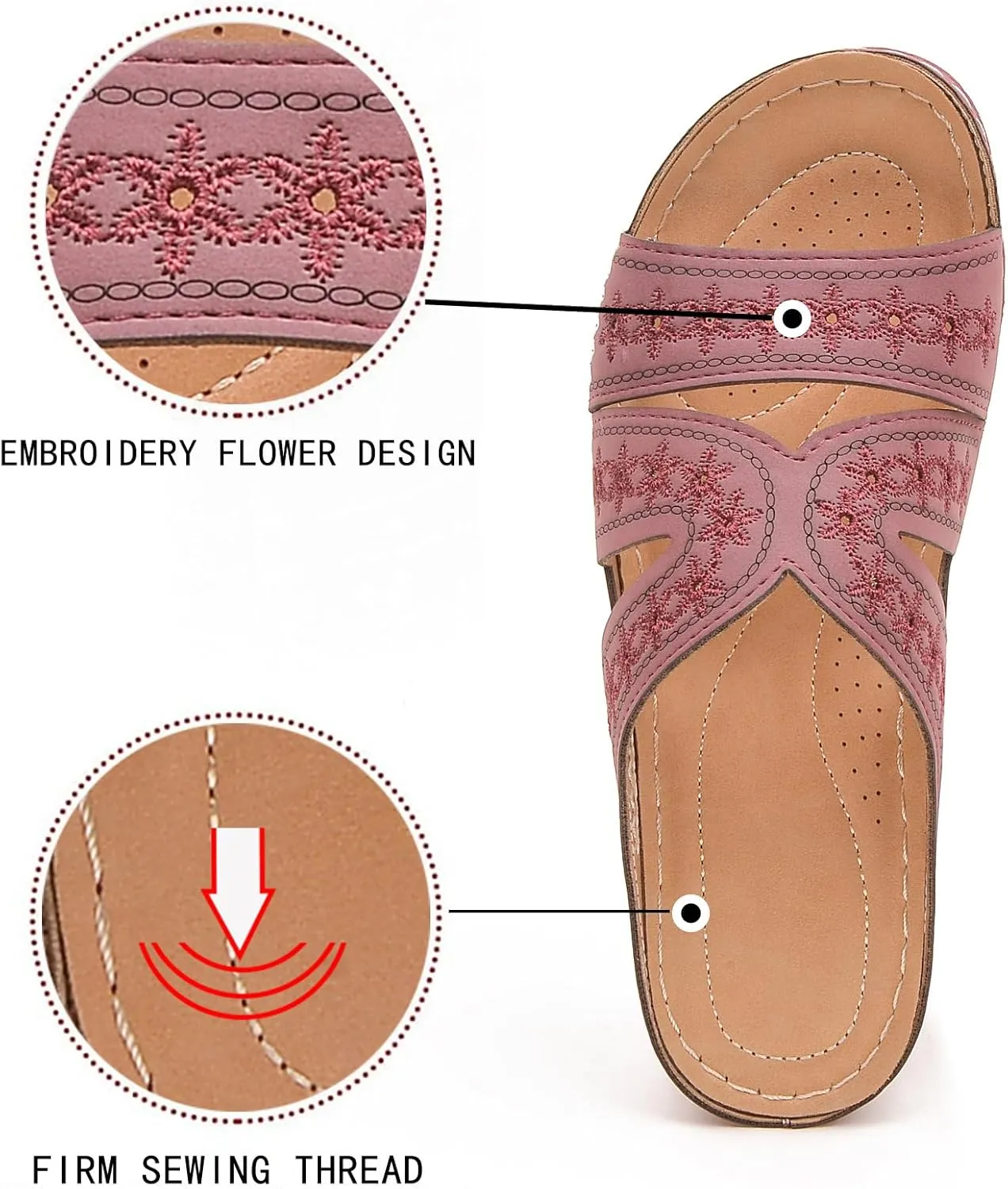URLECHS Women's Floral Embroidered Platform Wedge Sandals,Open Toe Cutout Comfort Leather Orthopedic Slides with Arch Support,Soft Footbed Shock Absorbing Breathable Slip On Walking Sandals