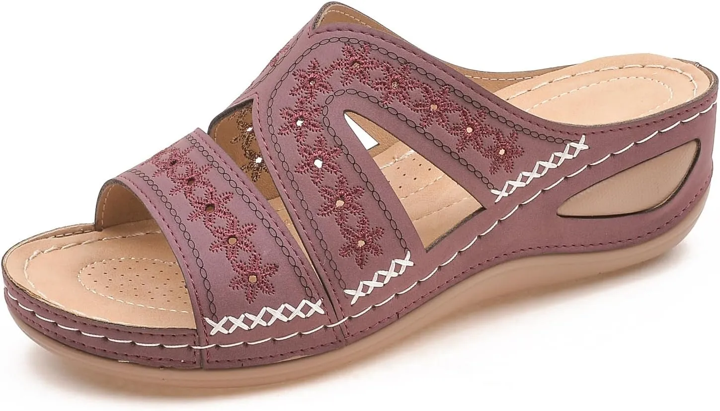URLECHS Women's Floral Embroidered Platform Wedge Sandals,Open Toe Cutout Comfort Leather Orthopedic Slides with Arch Support,Soft Footbed Shock Absorbing Breathable Slip On Walking Sandals