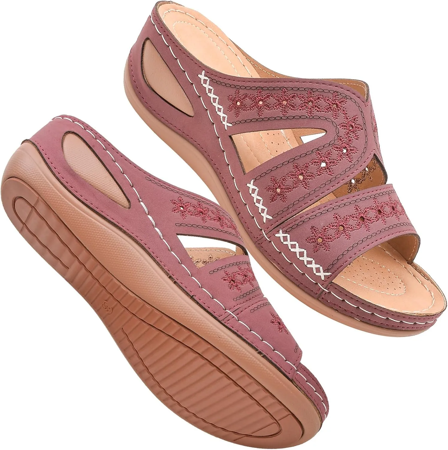 URLECHS Women's Floral Embroidered Platform Wedge Sandals,Open Toe Cutout Comfort Leather Orthopedic Slides with Arch Support,Soft Footbed Shock Absorbing Breathable Slip On Walking Sandals