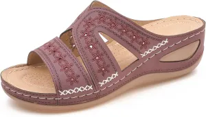 URLECHS Women's Floral Embroidered Platform Wedge Sandals,Open Toe Cutout Comfort Leather Orthopedic Slides with Arch Support,Soft Footbed Shock Absorbing Breathable Slip On Walking Sandals