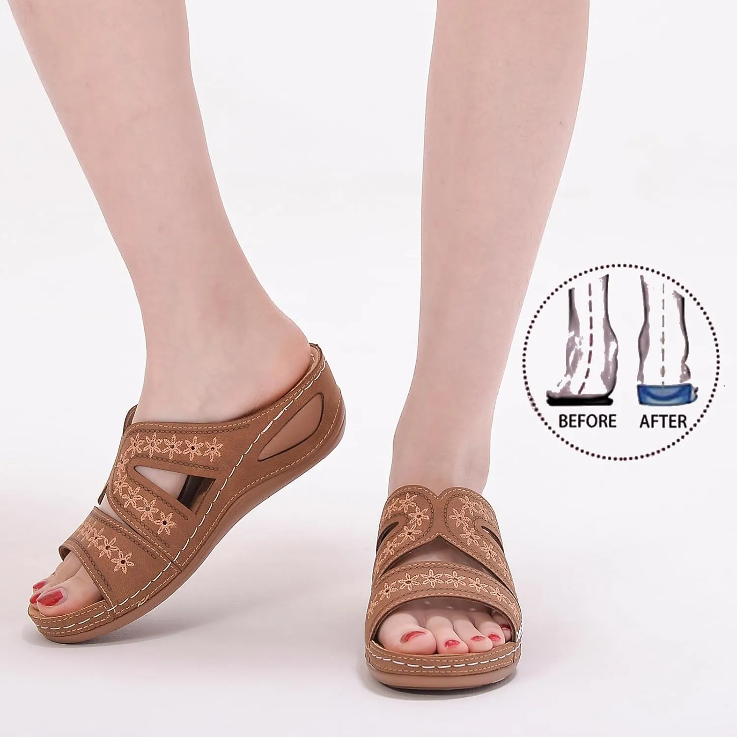 URLECHS Women's Floral Embroidered Platform Wedge Sandals,Open Toe Cutout Comfort Leather Orthopedic Slides with Arch Support,Soft Footbed Shock Absorbing Breathable Slip On Walking Sandals