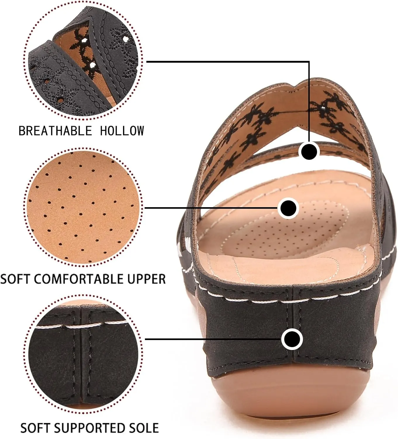 URLECHS Women's Floral Embroidered Platform Wedge Sandals,Open Toe Cutout Comfort Leather Orthopedic Slides with Arch Support,Soft Footbed Shock Absorbing Breathable Slip On Walking Sandals