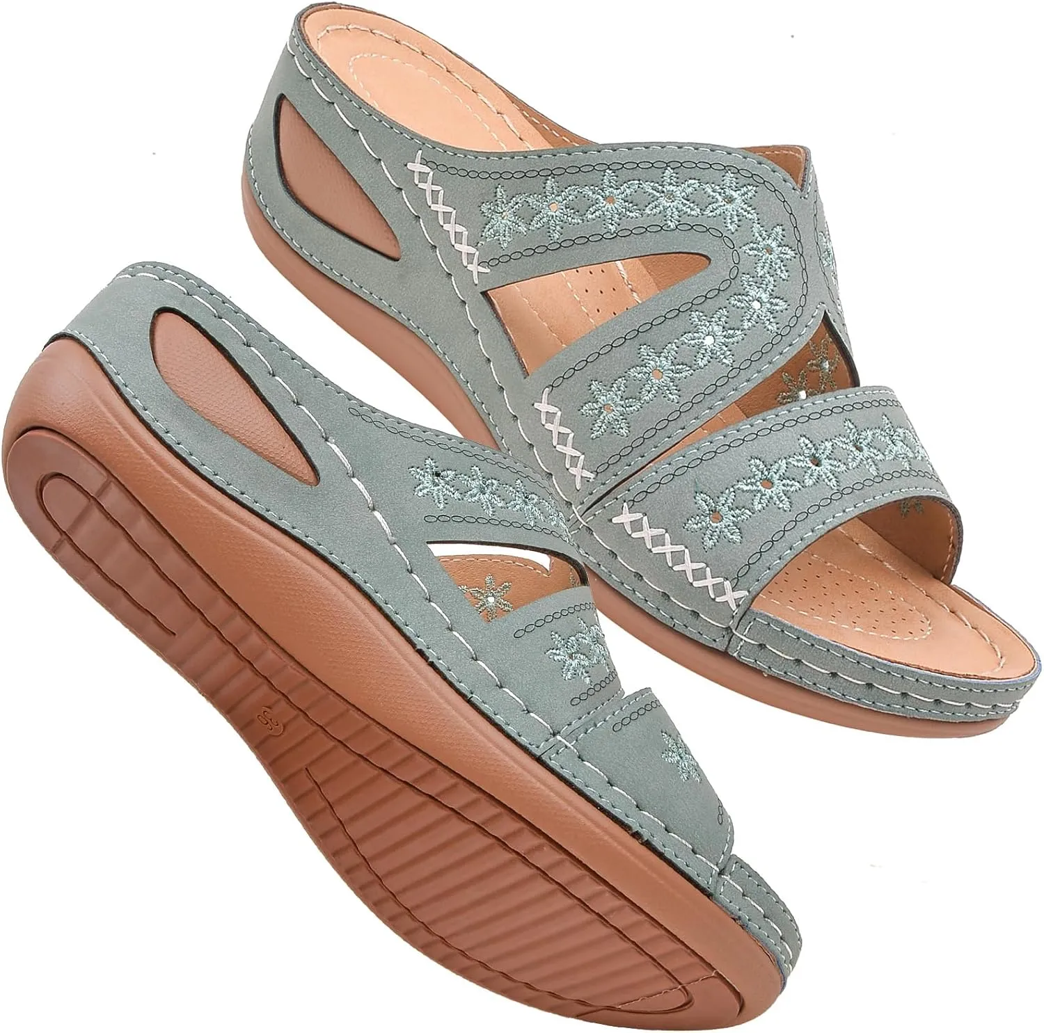 URLECHS Women's Floral Embroidered Platform Wedge Sandals,Open Toe Cutout Comfort Leather Orthopedic Slides with Arch Support,Soft Footbed Shock Absorbing Breathable Slip On Walking Sandals