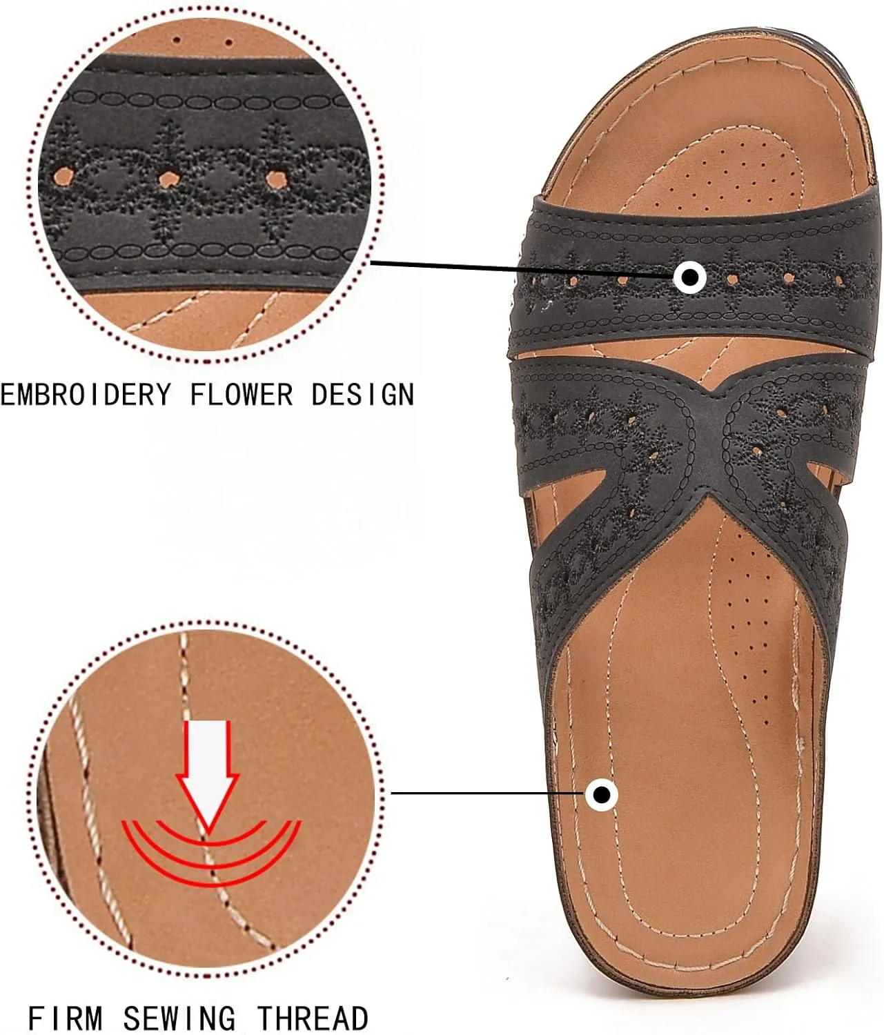 URLECHS Women's Floral Embroidered Platform Wedge Sandals,Open Toe Cutout Comfort Leather Orthopedic Slides with Arch Support,Soft Footbed Shock Absorbing Breathable Slip On Walking Sandals