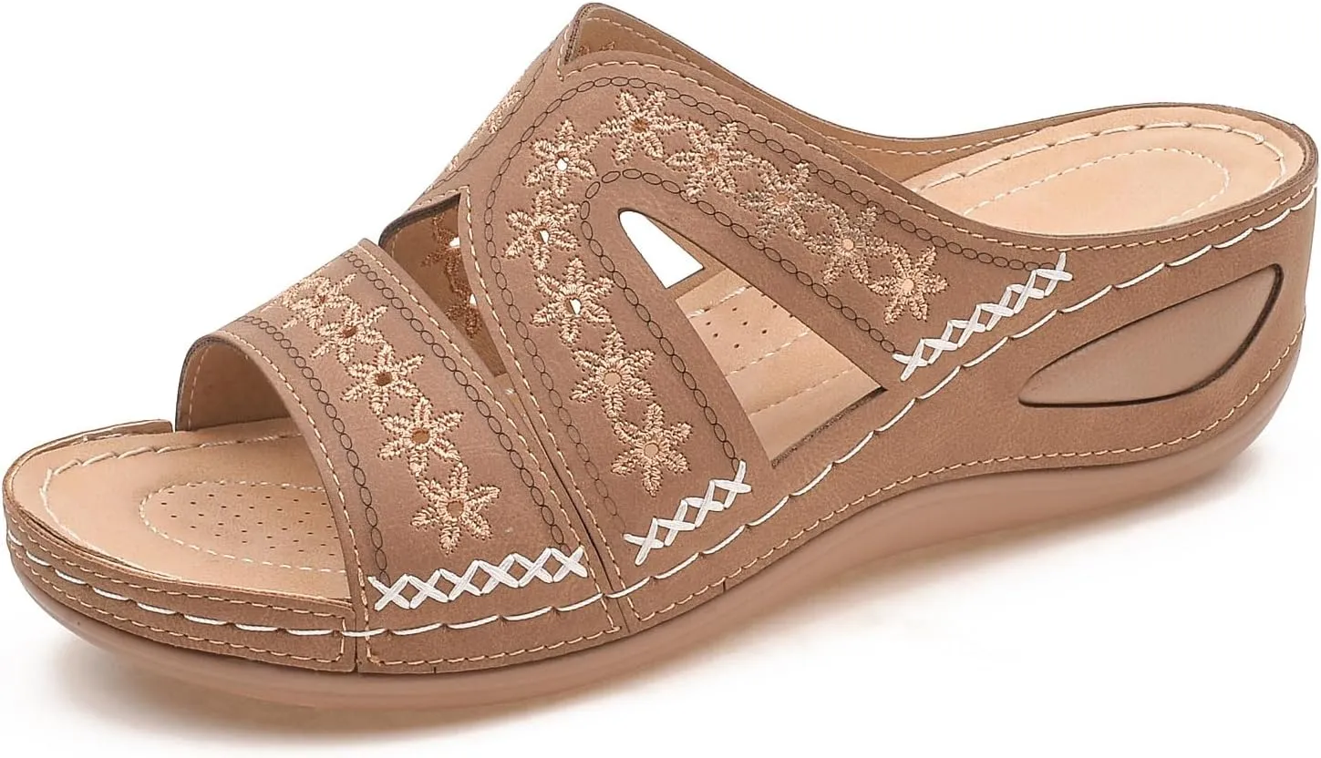 URLECHS Women's Floral Embroidered Platform Wedge Sandals,Open Toe Cutout Comfort Leather Orthopedic Slides with Arch Support,Soft Footbed Shock Absorbing Breathable Slip On Walking Sandals