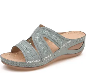 URLECHS Women's Floral Embroidered Platform Wedge Sandals,Open Toe Cutout Comfort Leather Orthopedic Slides with Arch Support,Soft Footbed Shock Absorbing Breathable Slip On Walking Sandals