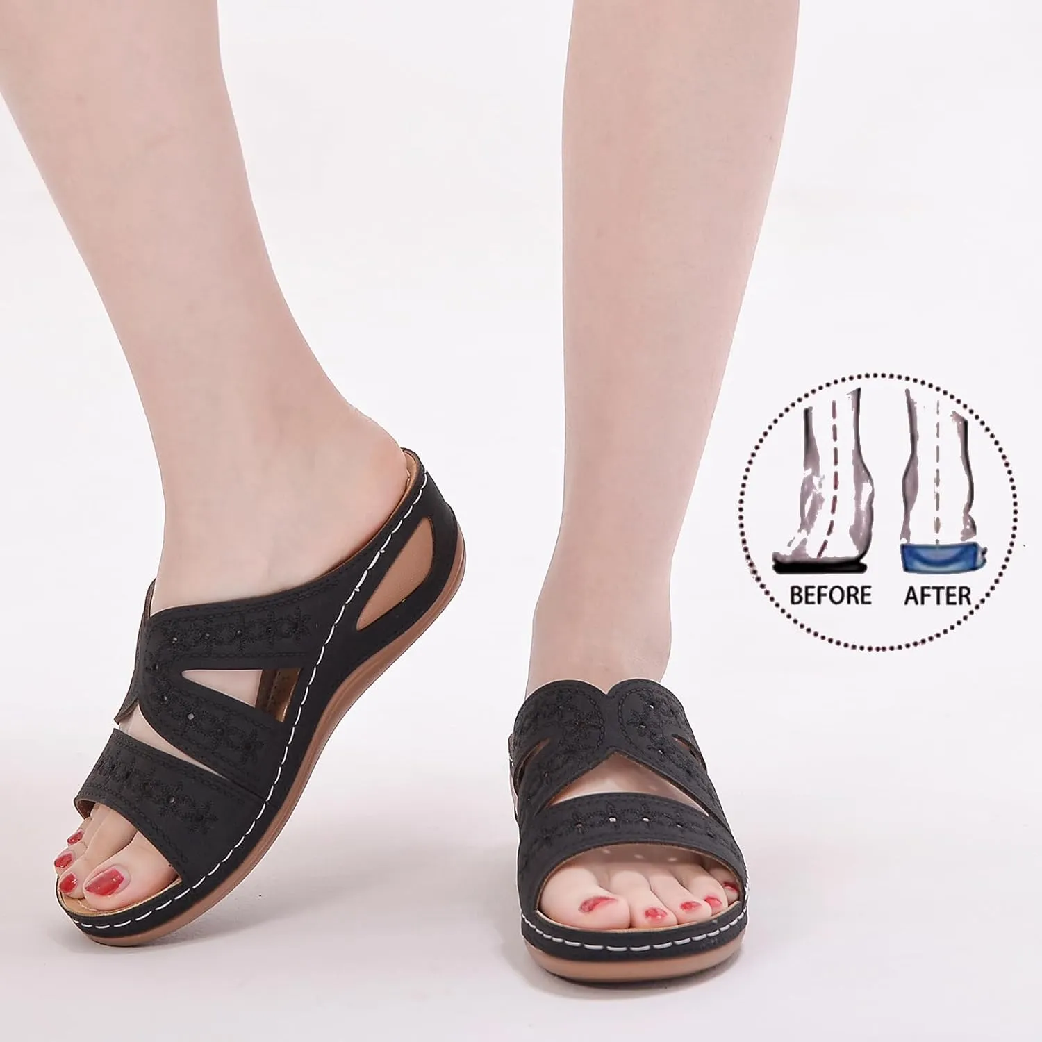 URLECHS Women's Floral Embroidered Platform Wedge Sandals,Open Toe Cutout Comfort Leather Orthopedic Slides with Arch Support,Soft Footbed Shock Absorbing Breathable Slip On Walking Sandals