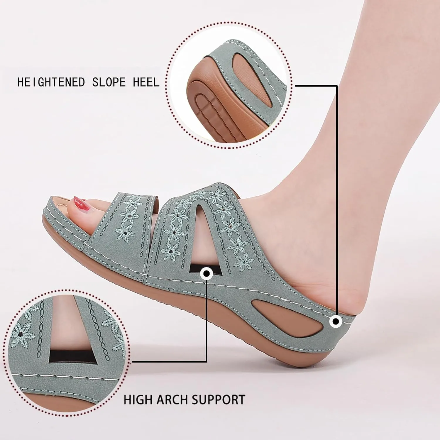 URLECHS Women's Floral Embroidered Platform Wedge Sandals,Open Toe Cutout Comfort Leather Orthopedic Slides with Arch Support,Soft Footbed Shock Absorbing Breathable Slip On Walking Sandals