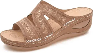 URLECHS Women's Floral Embroidered Platform Wedge Sandals,Open Toe Cutout Comfort Leather Orthopedic Slides with Arch Support,Soft Footbed Shock Absorbing Breathable Slip On Walking Sandals