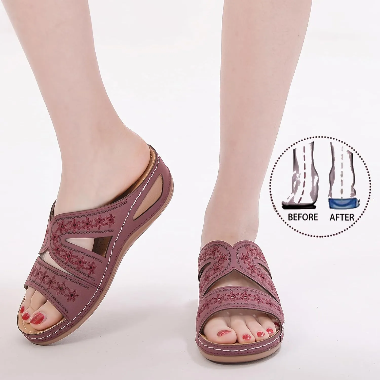 URLECHS Women's Floral Embroidered Platform Wedge Sandals,Open Toe Cutout Comfort Leather Orthopedic Slides with Arch Support,Soft Footbed Shock Absorbing Breathable Slip On Walking Sandals