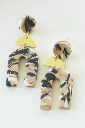 Ursula Neutral Art Deco Drop Earrings | Black Sand Painted Clay Arch Earrings | Minimalist Clay Drop Earrings