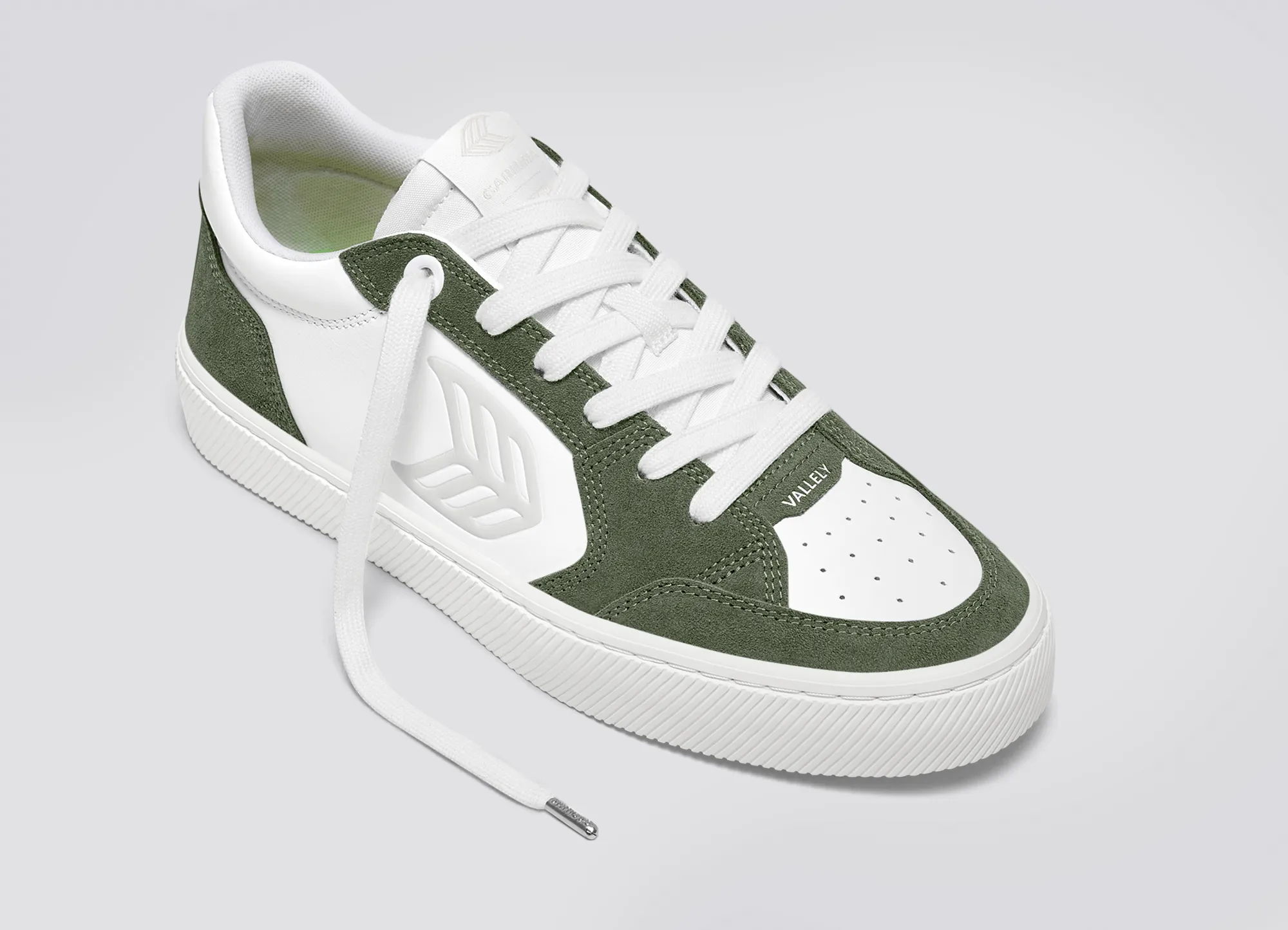 VALLELY White Leather Bronze Green Suede Ice Logo Sneaker Men
