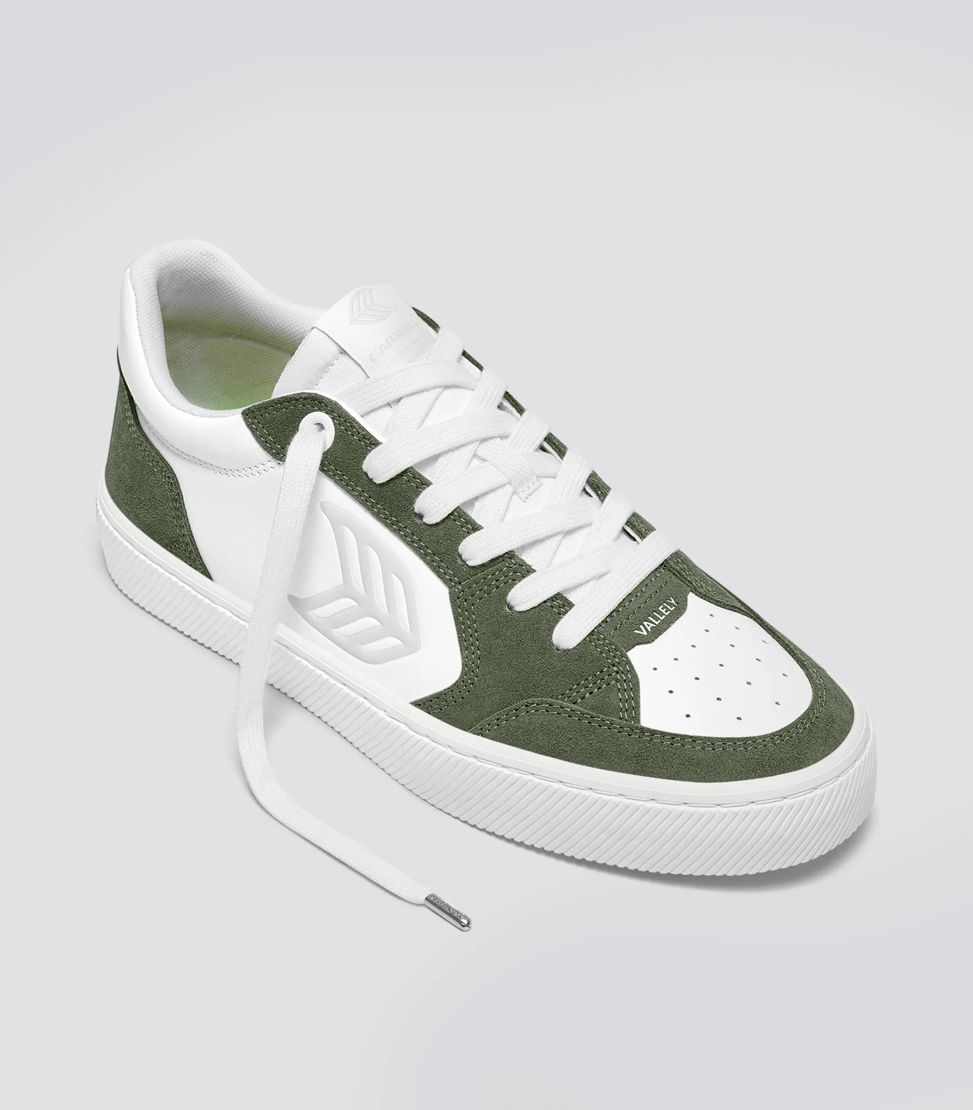 VALLELY White Leather Bronze Green Suede Ice Logo Sneaker Men