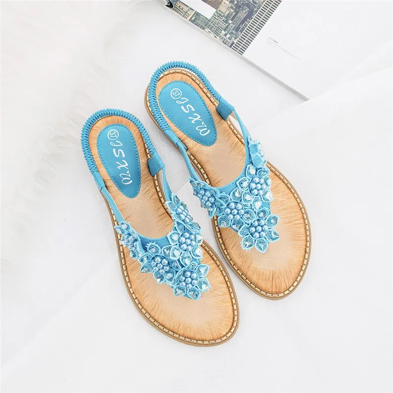 Vanccy New Fashion Bead Flower Round Toe Flip-flop Sandals
