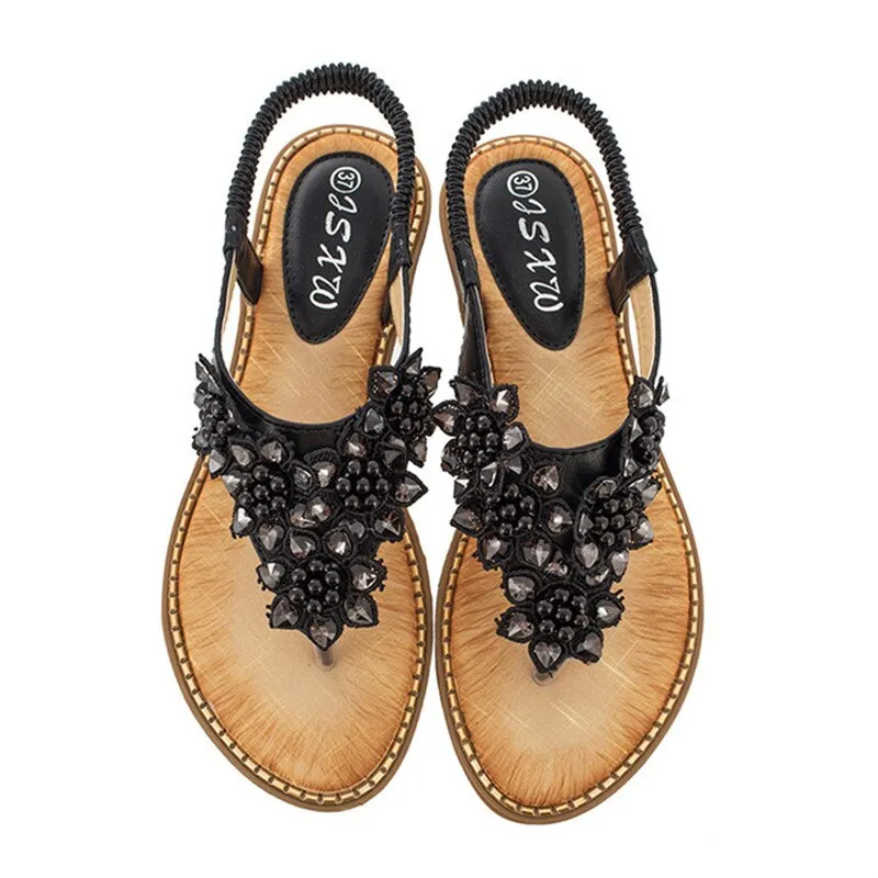 Vanccy New Fashion Bead Flower Round Toe Flip-flop Sandals