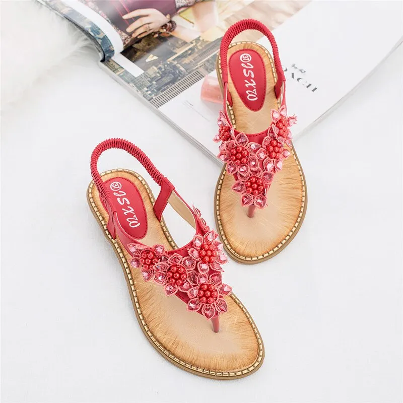 Vanccy New Fashion Bead Flower Round Toe Flip-flop Sandals